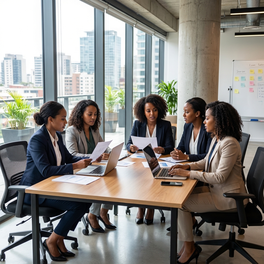 Collaborative female-led team working together