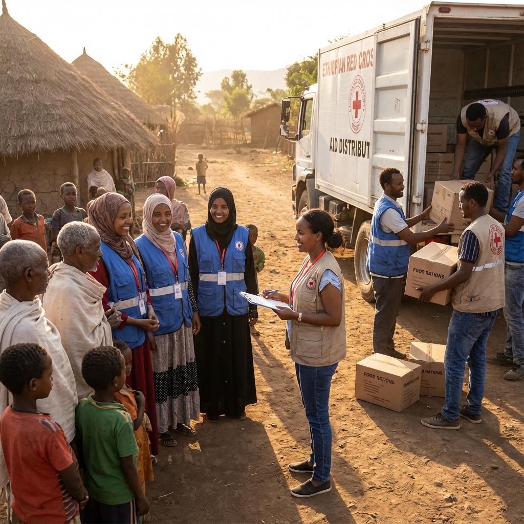Ethiopian humanitarian team distributing aid