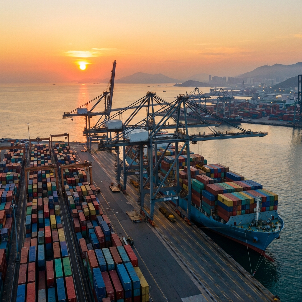 Busy commercial shipping port at sunset with gantry cranes and container ships